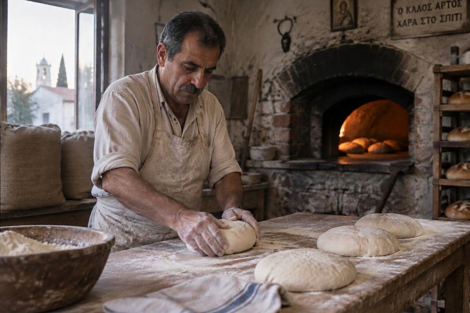Παραδοσιακό εργαστήριο αρτοποιίας σε ώρα παραγωγής